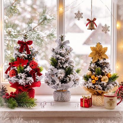 3 Pack Artificial Mini Tabletop Christmas Trees 7.9" Small Snowy Flocked Artificial Cedar Trees with Berries Ball Ornaments and Wood Bases for Home Office Holiday Table Centerpiece Mantel Decor