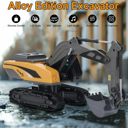 Remote Control Excavator Toys with Metal Shovel & Lights, 8 Channel RC Truck Rechargeable Tractor Toy Gift