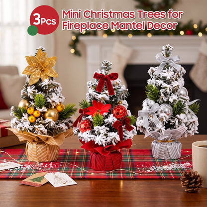 3 Pack Artificial Mini Tabletop Christmas Trees 7.9" Small Snowy Flocked Artificial Cedar Trees with Berries Ball Ornaments and Wood Bases for Home Office Holiday Table Centerpiece Mantel Decor