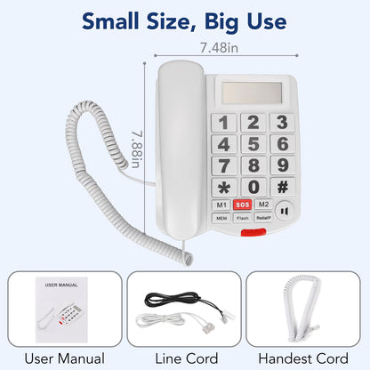 Large Button Phones for Seniors, Wired Telephone with Caller ID/Hands-Free for Office, Adjustable Amplified Volume Landline Phones for Visually/Hearing Impaired Elderly Emergency House Phones