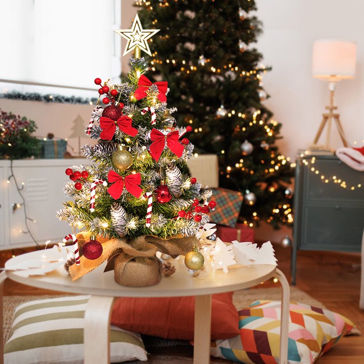 24 inch Tabletop Christmas Tree, 2ft Pre-Lit Christmas Tree w/ Star Treetop, Mini Xmas Small potted Tree w/ LED String Lights, Branch Tips DIY Ornaments, Pine Cones, Balls for Table Indoor Home, Red