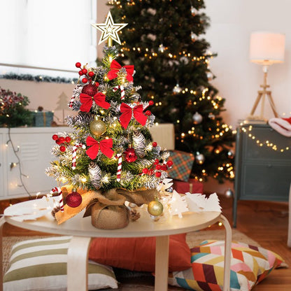 24 inch Tabletop Christmas Tree, 2ft Pre-Lit Christmas Tree w/ Star Treetop, Mini Xmas Small potted Tree w/ LED String Lights, Branch Tips DIY Ornaments, Pine Cones, Balls for Table Indoor Home, Red
