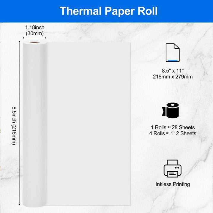 4 Rolls Thermal Printer Paper 8.5" x 11" US Letter Size, A4 Compatible Quick-Dry Thermal Paper, 28 Sheets/Roll, 5-10 Year Preservation, No Paper Jam, for Portable Thermal Printers Home Office Travel