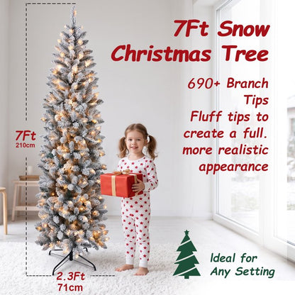 7ft Pencil Christmas Tree, Artificial Slim White Christmas Tree with 436 PVC Needles & Folding Metal Stand, Unlit Xmas Tree for Home Office Shops Hotels Decoration