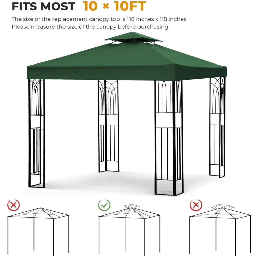 2 Tier 10'x10' Square Replacement Canopy Waterproof Top Cover Replacement Anti-UV Canopy Roof Pavilion Gazebo Tent Sunshade, Dark Green