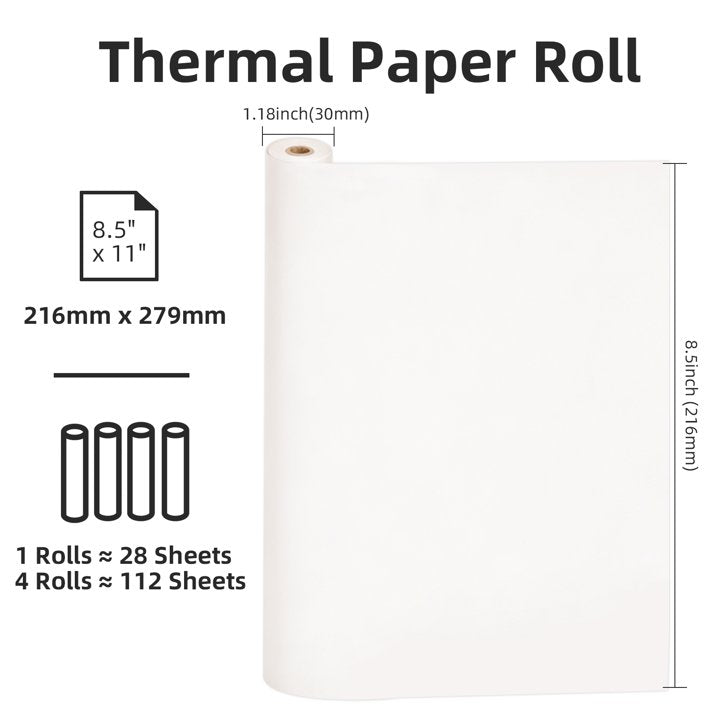 4 Rolls Thermal Paper US Letter (216mm/8.5" Width, 7.8m Long, Φ1.18") Compatible with Bluetooth Portable Thermal Printers, Quick-Dry Thermal Paper for Documents Picture Homework, 28 Sheets/Roll