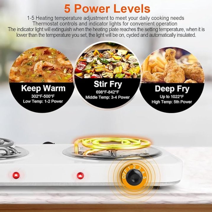 Hot Plate for Cooking, 2000W Electric Stove Burner with 5 Levels Temperature Control, Dual Coil Portable Stove for Home Dorm Office Kitchen Camping, Electric Cooktop Compatible of All Cookware, White
