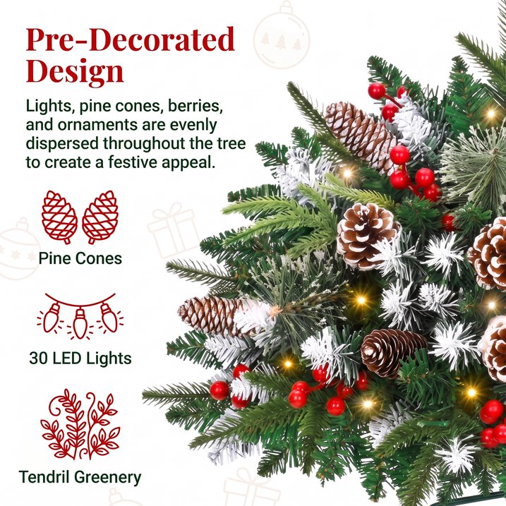 2 Pack 24" Lighted Pathway Christmas Tree Outdoor Urn Filler, Artificial Xmas Pine Trees with Tripod Stake, Battery Powered LED Lights, Snowy Pinecone Berries Decorations for Porch, Driveway, Yard