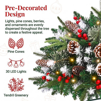 2 Pack 24" Lighted Pathway Christmas Tree Outdoor Urn Filler, Artificial Xmas Pine Trees with Tripod Stake, Battery Powered LED Lights, Snowy Pinecone Berries Decorations for Porch, Driveway, Yard