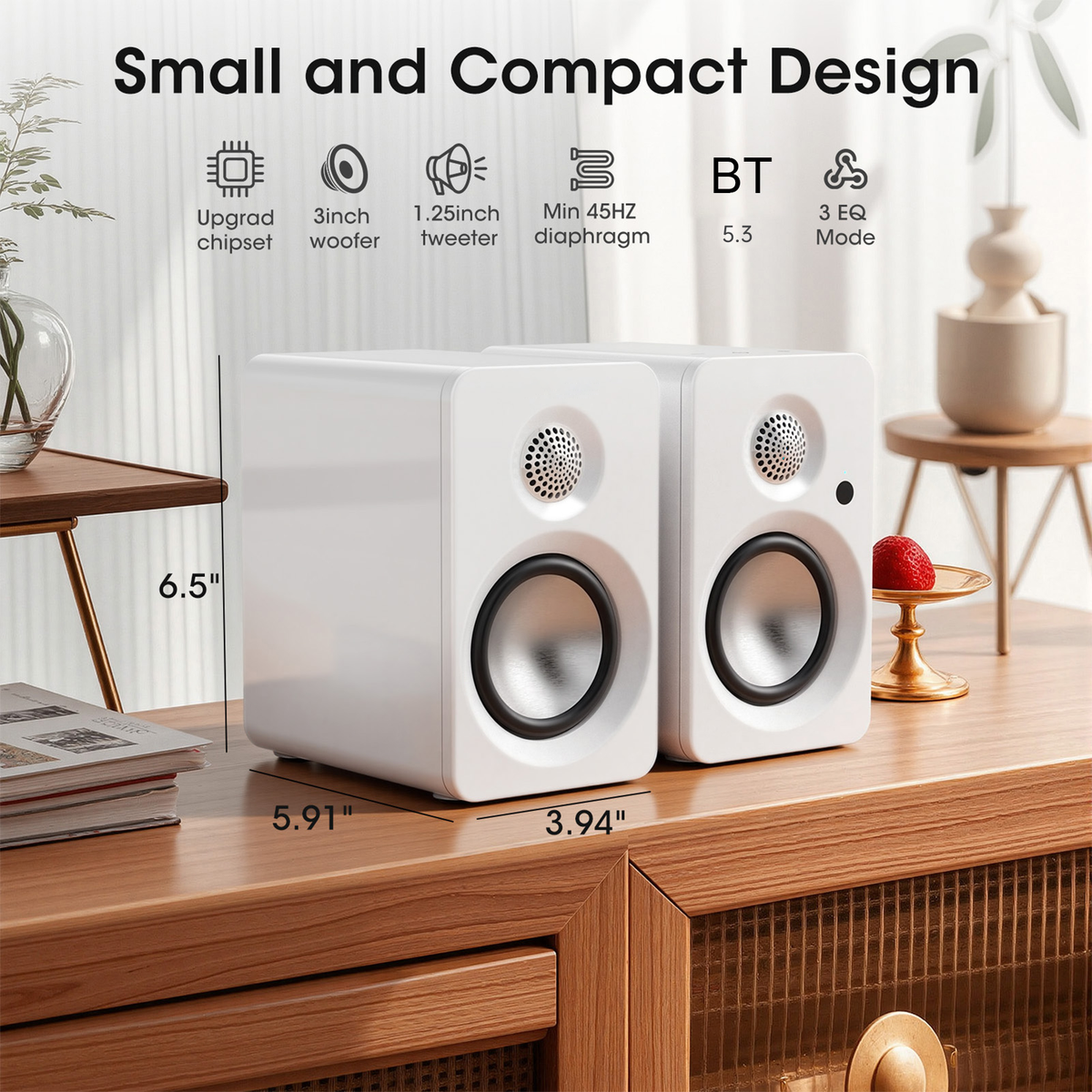 50W Powered Bookshelf Speakers, Bluetooth 5.3 Active Desktop Speakers with 3 inch Woofer, SUB OUT for External Subwoofer, ARC/Type C/AUX Inputs, Remote Control for TV PC Turntable, White