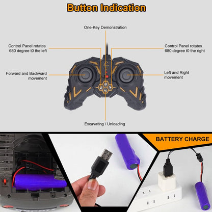Remote Control Excavator Toys with Metal Shovel & Lights, 8 Channel RC Truck Rechargeable Tractor Toy Gift