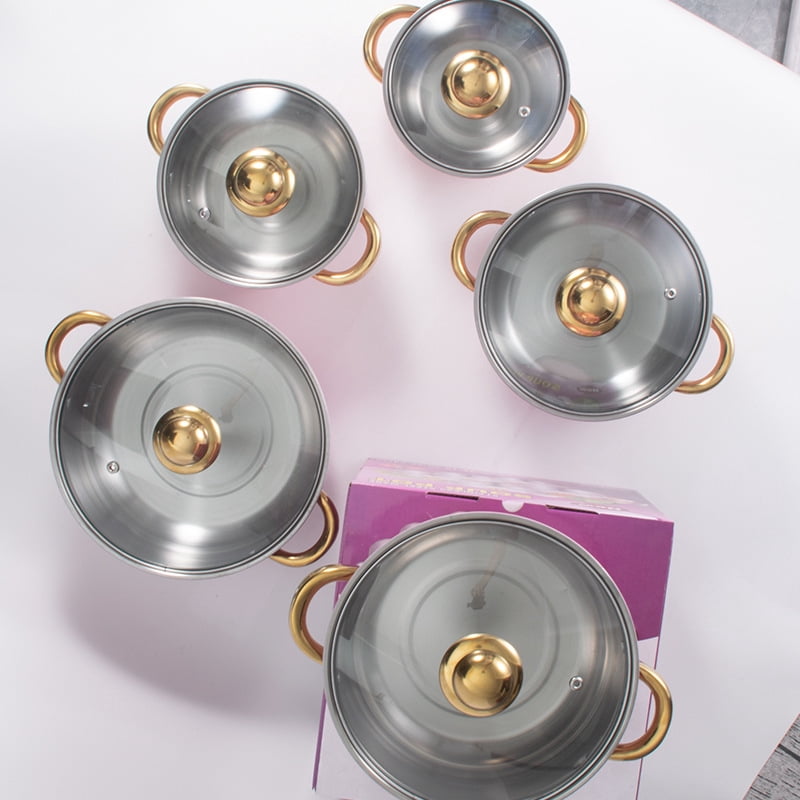 Stainless Steel Pots Sets 10-Piece, Kitchen Cookware Set Saucepan with Glass Lid Stockpot Soup Pot with 2 Ear Handle For Cooking Dishwasher , Pink