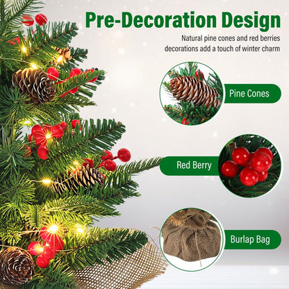 Mini Christmas Tree with LED Lights, 18 inch Small Xmas Tree with Red Berries & Pinecone, Easy Setup Table Decorations for Home, Office, Dining Table and Indoor Festive Displays
