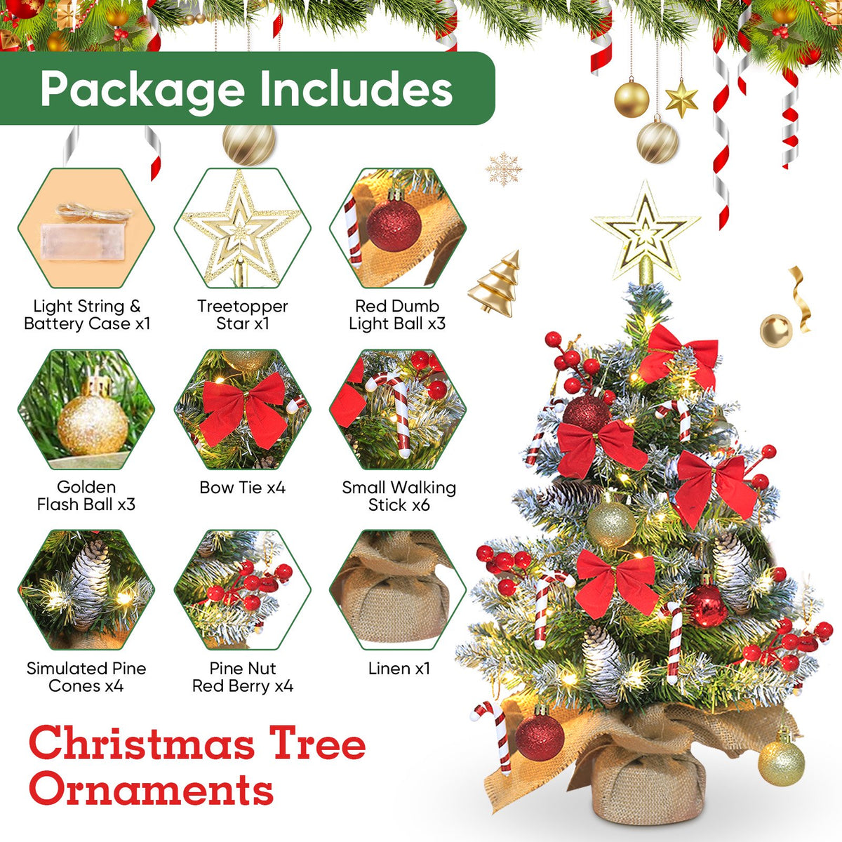 24 inch Tabletop Christmas Tree, 2ft Pre-Lit Christmas Tree w/ Star Treetop, Mini Xmas Small potted Tree w/ LED String Lights, Branch Tips DIY Ornaments, Pine Cones, Balls for Table Indoor Home, Red