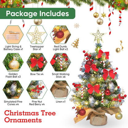 24 inch Tabletop Christmas Tree, 2ft Pre-Lit Christmas Tree w/ Star Treetop, Mini Xmas Small potted Tree w/ LED String Lights, Branch Tips DIY Ornaments, Pine Cones, Balls for Table Indoor Home, Red