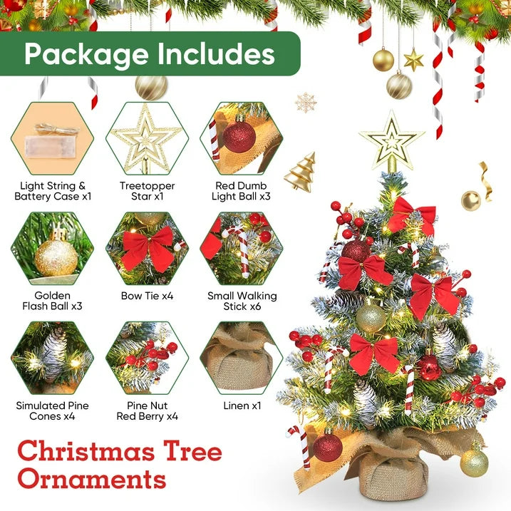 24 inch Tabletop Christmas Tree with LED String Lights Mini Christmas Tree with Frosted Branch Tips DIY Ornaments, 2ft Xmas Small Cedar Tree with Pine Cones/Christmas Balls for Table Indoor Home, Red