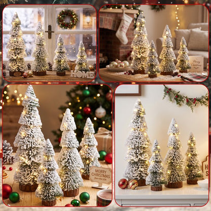 4Pcs Christmas Mini Trees with 9.8ft Light String,Artificial Snow Frost Christmas Trees in 4 Size Bottle Brush Xmas Tree w/ Wooden Base Xmas Pine Tree for Winter Holiday Party Home Table Crafts Decor