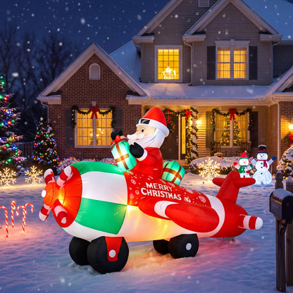 9FT Christmas Inflatables Airplane Outdoor Decorations Santa Claus on Flying Helicopter Built-in LED Lights Xmas Inflatable Blow Up Christmas Yard Decor