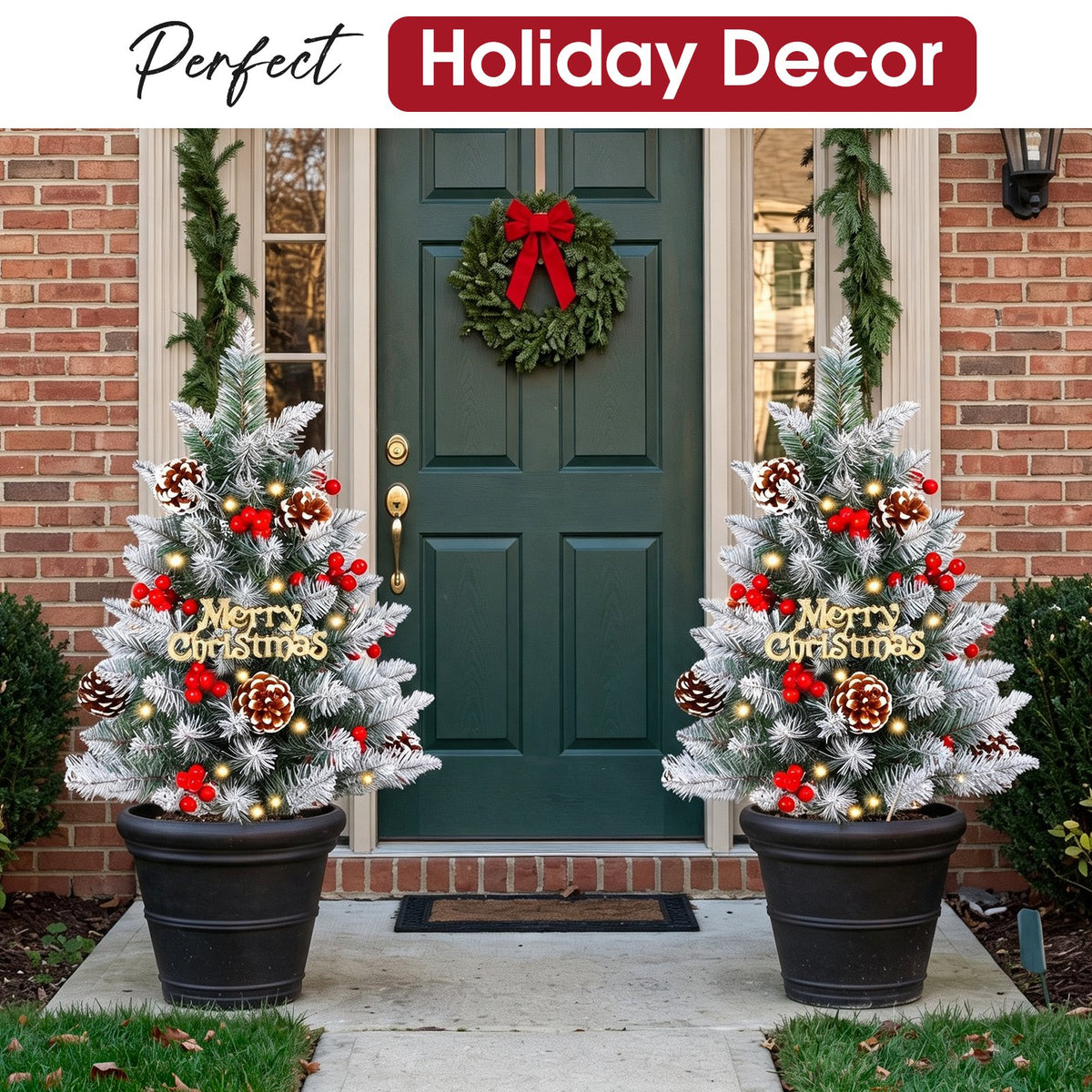 Set of 2 Pathway Christmas Tree Urn Filler, Pre-lit Artificial Small Xmas Tree with Cones & Red Berries, 60 Warm Lights Outdoor Christmas Porch Decorations for Gardens, Porch & Yard
