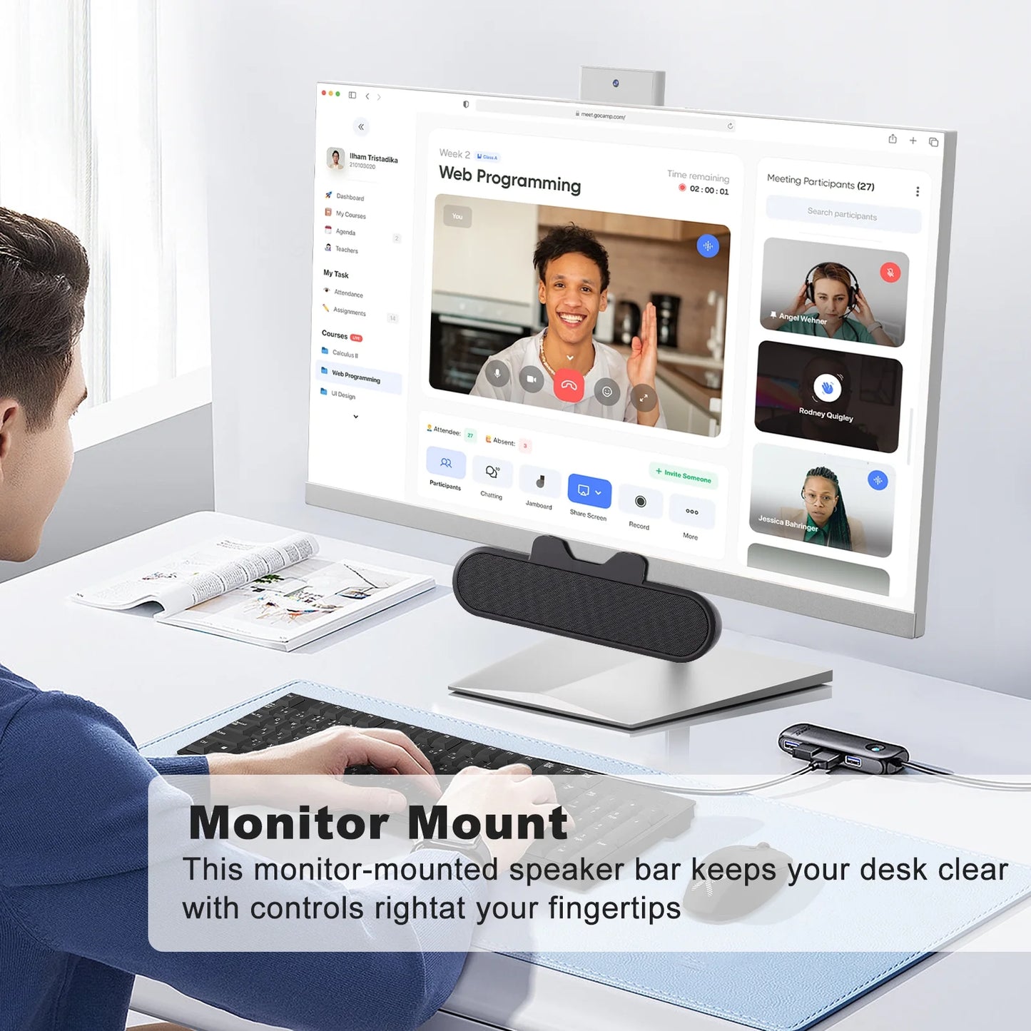 Computer Speakers for Desktop Monitor, Stereo USB Powered Speaker Bar, Deep Bass Soundbar for PC, Laptop Speaker w/ Loud Sound, Volume Control Easily Clamps to Monitors, Included USB C Adapter, Black