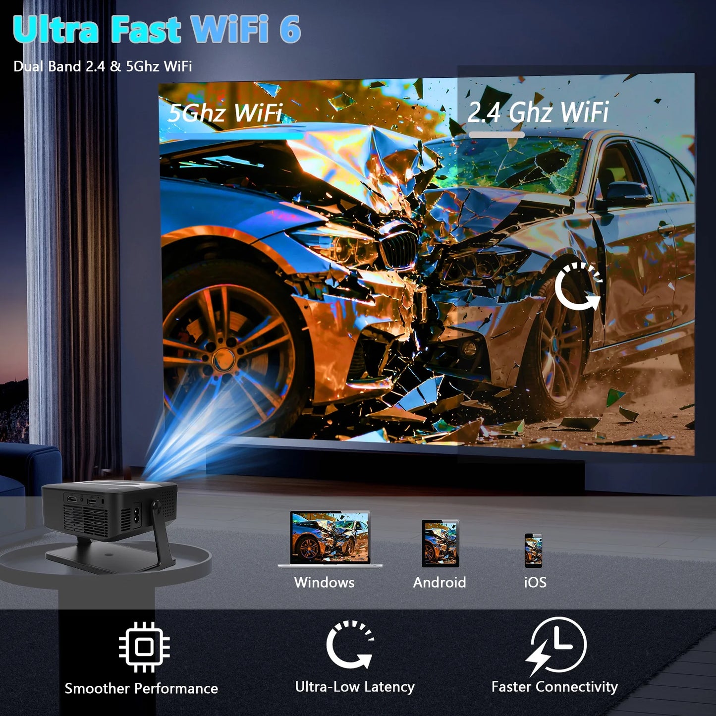 Smart Projector with WiFi and Bluetooth, Portable Outdoor Movie Projector Supports 4K with Android System, 120'' Screen Mini Projector Auto Keystone Compatible with HD-MI/USB/Smartphone/PC/Laptop