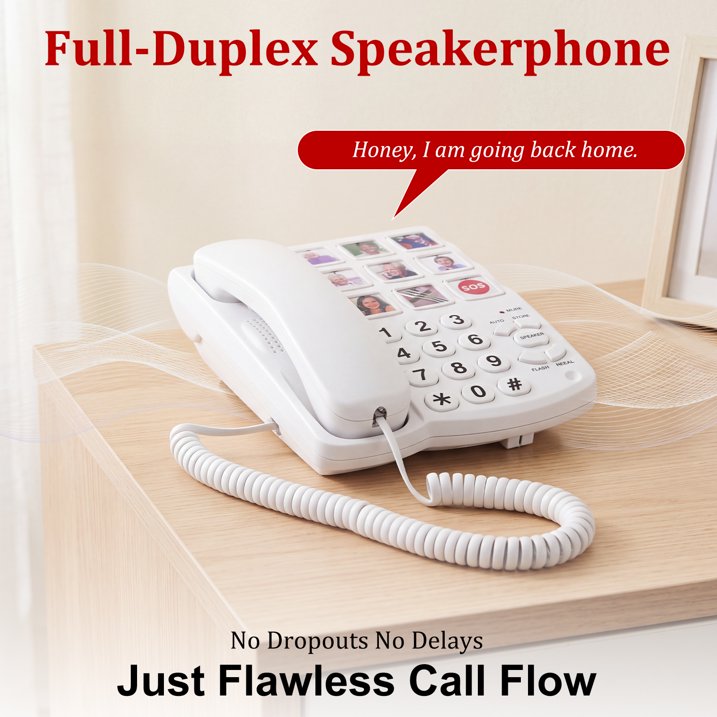 Big Button Phone for Seniors, Corded Landline Telephone w/ Handsfree Function and 9 Groups of Memory, One-Touch Dialling, 110dB Ringer, LED Flash, Suitable People with Vision Disorders/Hearing Damage