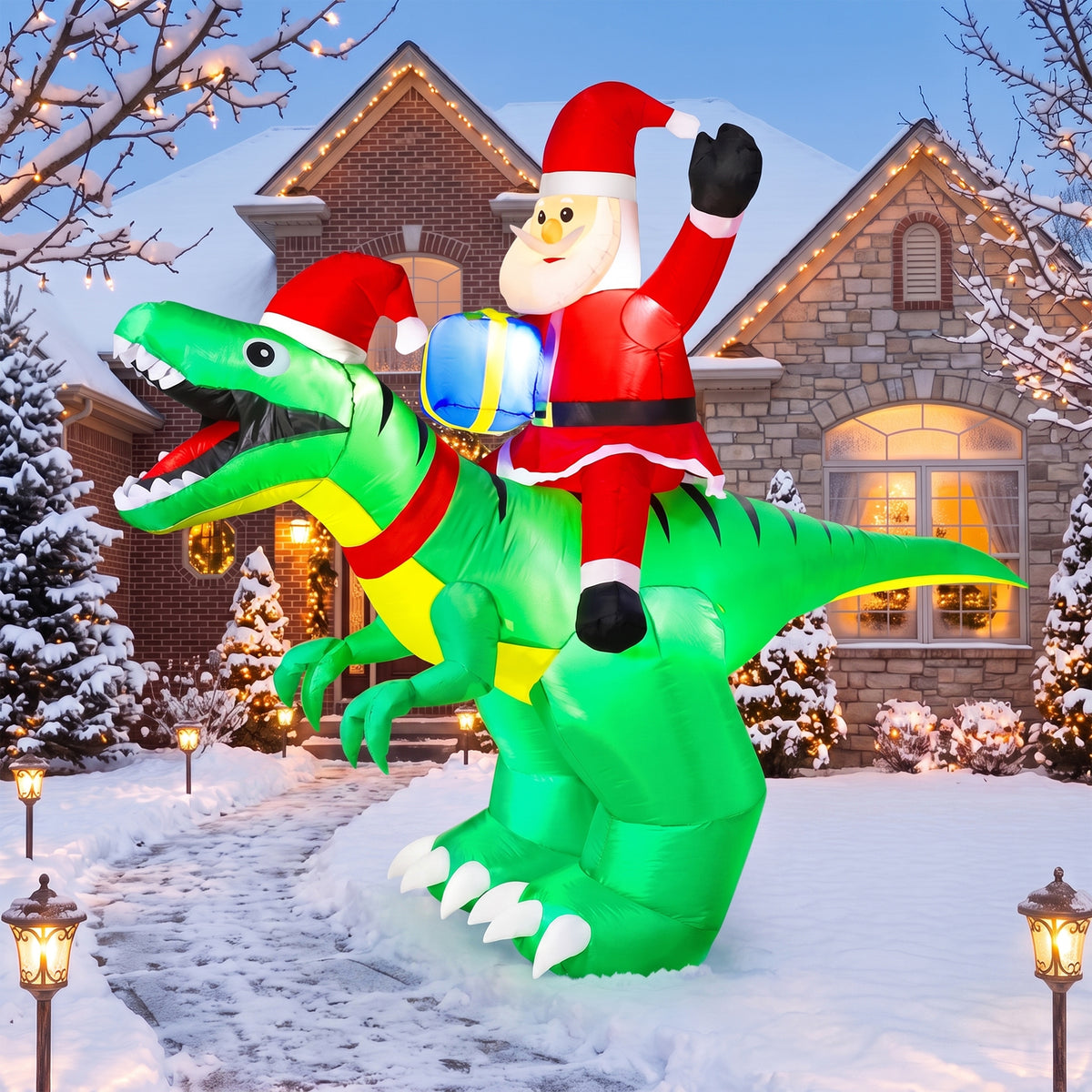 9FT Christmas Inflatables Santa Ride on Dinosaur with LED Outdoor Christmas Dinosaur Inflatable Blow Up Yard Decorations with Sandbags Stakes Strings for Garden Decor