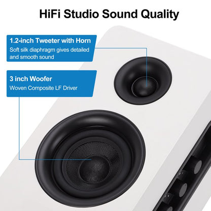 3" Active Bluetooth 5.0 Bookshelf Speakers, 80W Carbon Fiber Speaker Unit - Built-in 24bit DAC Dynamic 3D Surround Sound 2.0 Computer PC Monitor Gaming (Pair, White)