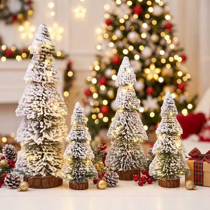 4Pcs Christmas Mini Trees with 9.8ft Light String,Artificial Snow Frost Christmas Trees in 4 Size Bottle Brush Xmas Tree w/ Wooden Base Xmas Pine Tree for Winter Holiday Party Home Table Crafts Decor