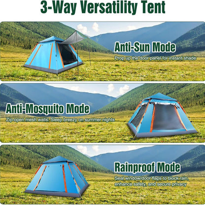 Pop up Canopy Large Instant Camping Tent, Blue 4-5 Person Family Tents for Camping with 4 Doors,7.87'x7.87'x5.1' Anti-UV Waterproof Easy Setup Camping Tent for Outdoor Beach Picnic Hiking Backpacking,Blue