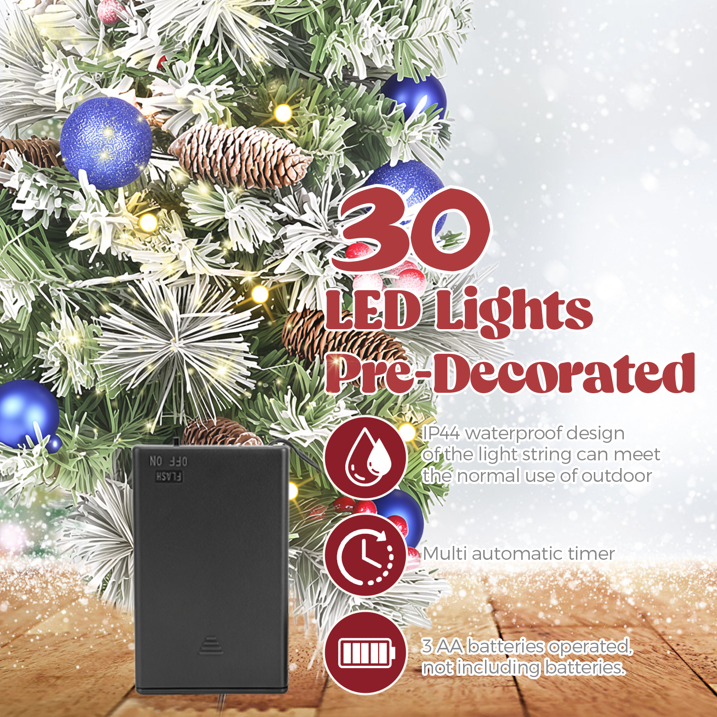 2 Pack 30 inch Prelit Outdoor Pathway Christmas Tree with LED Lights, Battery Operated Snow Flocked Christmas Tree with Pine Needles Cones Balls & Berries, Frosted Urn Filler for Porch Yard Decor