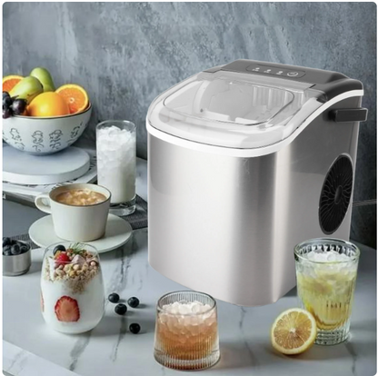 Fyydes Stainless Steel Countertop Ice Maker, 33Lbs In 24Hrs Ice 9 Cubes In 6 Mins, Auto-Cleaning with Ice Scoop and Basket