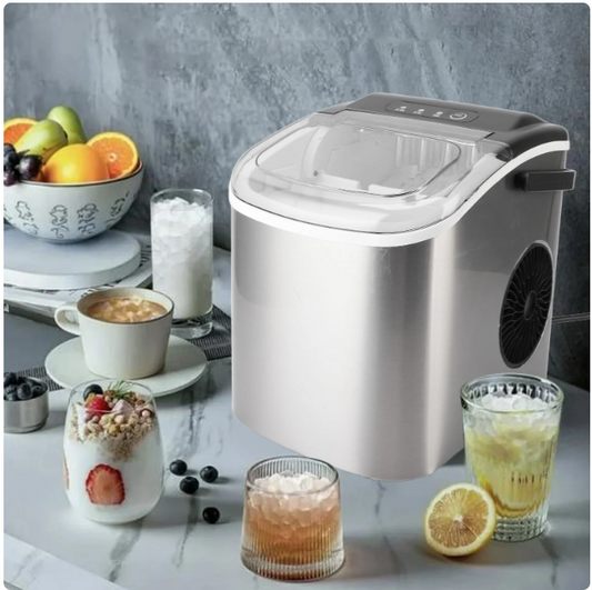 Fyydes Stainless Steel Countertop Ice Maker, 33Lbs In 24Hrs Ice 9 Cubes In 6 Mins, Auto-Cleaning with Ice Scoop and Basket