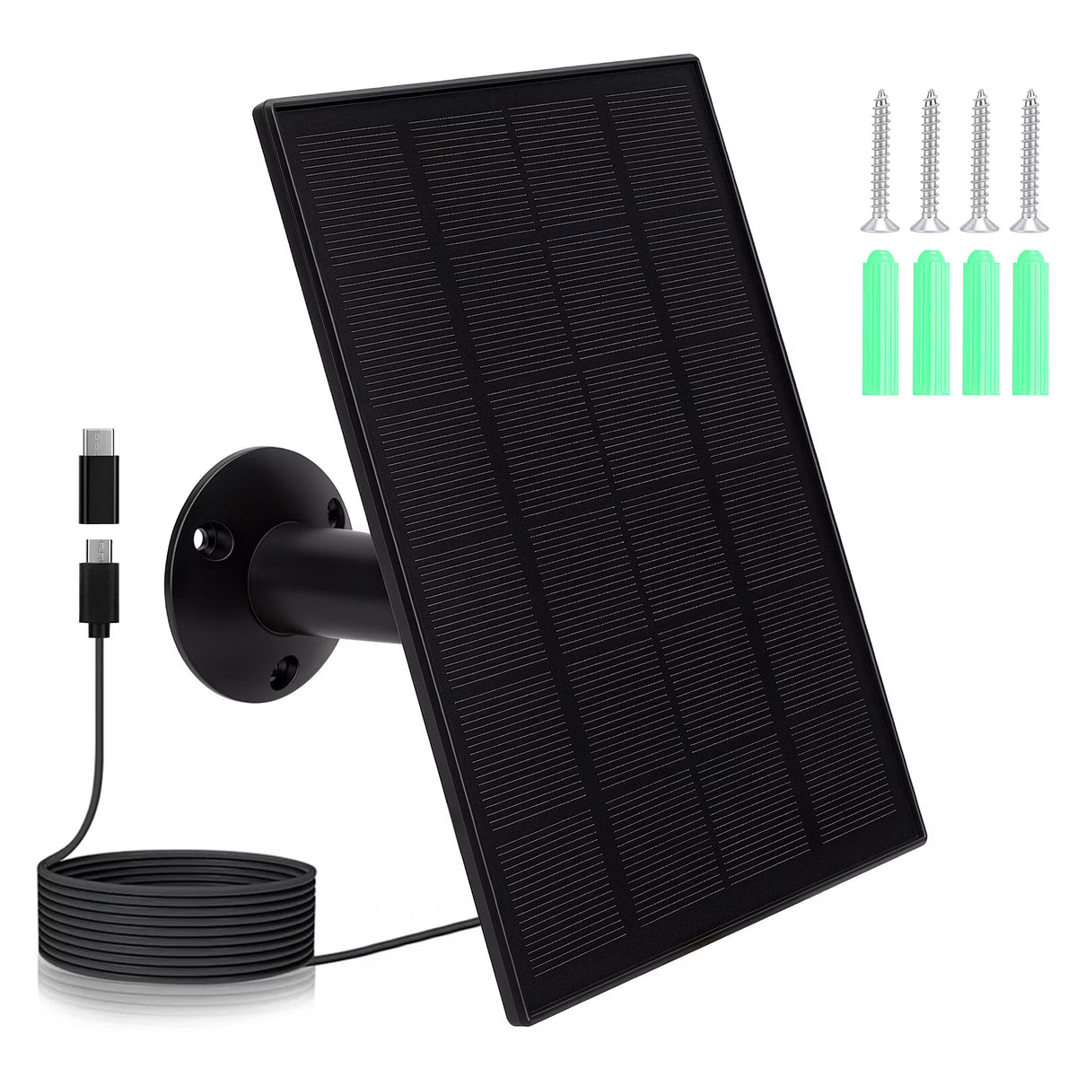 8W Solar Panel Charger, Solar Panel with Micro USB & USB C Port for DC 5V Outdoor Rechargeable Battery Camera, IP66 Waterproof, 360° Adjustable Security Mount, Black