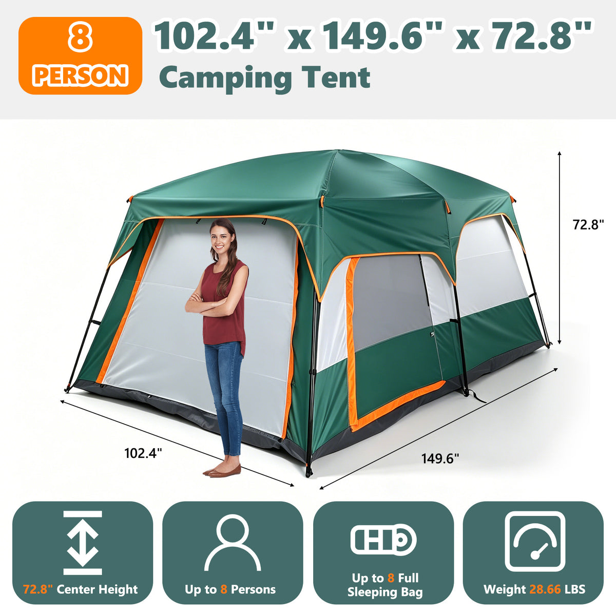 Family Camping Tent 8 Person Tent Waterproof Windproof with Divided Curtain for Separated 2 Rooms with Carry Bagfor Campng, Outdoor,Green