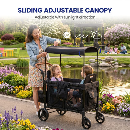 Wagon Stroller for 2 Kids, Outdoor Baby Stroller Wagon with Canopy, 5-Point Harness, Adjustable Handlebars for Toddlers, Black