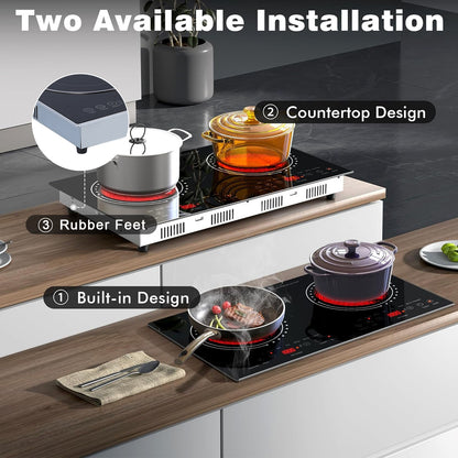 Electric Ceramic Cooktop,26.8 in 2 Burners Built-in Countertop Burners Cooker,2200W Electric Stove,11 Power Levels, Kids Lock & Timer,LED Touch Control