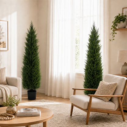 2 Pack 5ft Artificial Cedar Topiary Trees, UV-Resistant Outdoor Potted Plants for Porch & Garden Decor, Set of 2