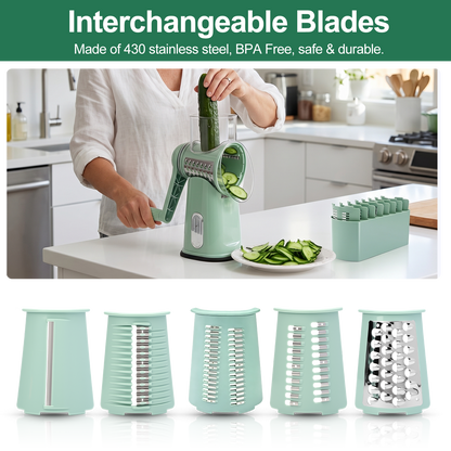 Handle Rotary Cheese Grater with Interchangeable 5 Blades, Suction Base, Mandoline Slicer & Veg Shredder with Blade Storage Box,Green