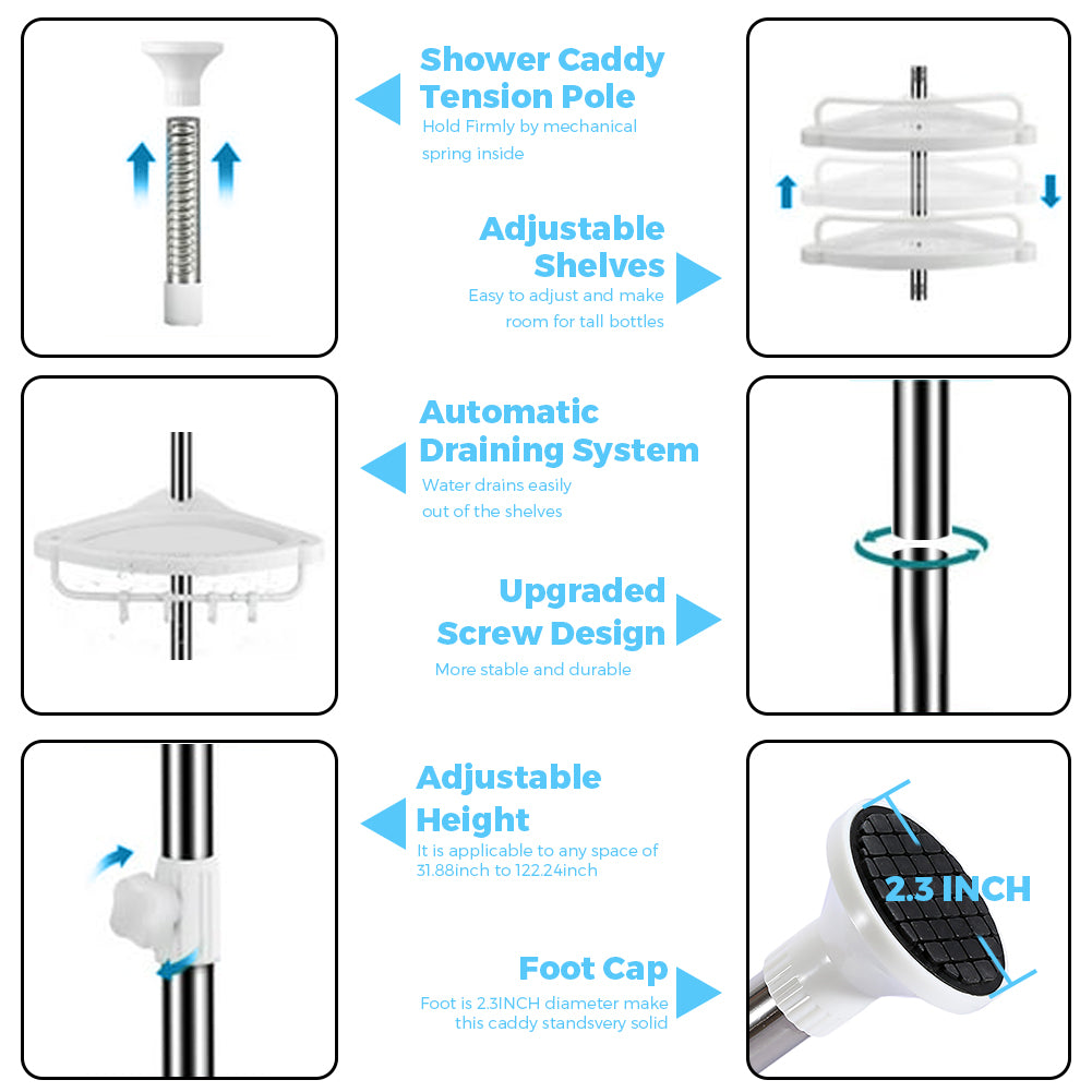 Corner Shower Caddy Tension Pole- 4-Tier Adjustable Metal Bathroom Shower Rrganizer- 3.5-10FT,White