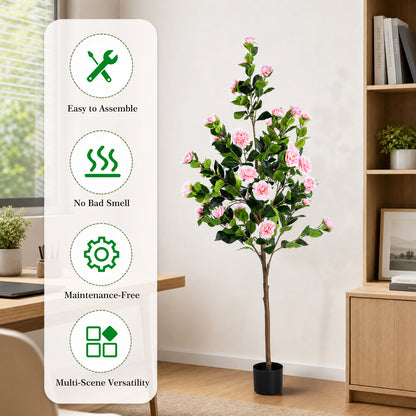 5.3FT Artificial Camellia Tree, Faux Plants Indoor, Easy Assembly, Low Maintenance, Suitable for Indoor Decor & Holiday Porch Ornament
