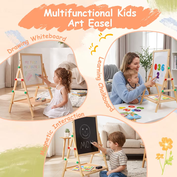 Painting Wooden Art Easel for Kids, 2-in-1 Double-Sided Drawing Board, Chalkboard & Dry Whiteboard with Markers, Eraser, Magnetic Letters/Numbers, Standing Easel Set for Xmas Birthday Holiday Gifts