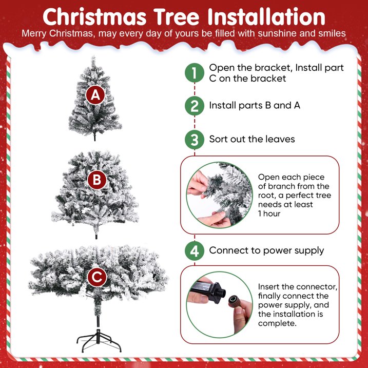 6ft Artificial Xmas Tree Realistic Reusable Snow Flocked Xmas Pine Tree with Dense Branches Metal Base for Holiday Decor Lights