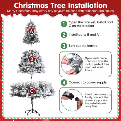 7ft Artificial Xmas Tree Realistic Reusable Snow Flocked Xmas Pine Tree with Dense Branches Metal Base for Holiday Decor 350 Lights