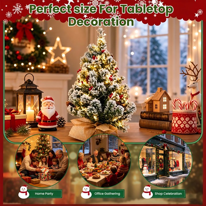 20 inch Prelit Snow Flocked Christmas Tree with Light, Small Artificial Tabletop Xmas Trees with Red Berries, Pinecones and Cloth Bag Base, Indoor Table Centerpieces Xmas Home Holiday Decorations