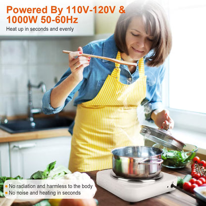 Electric Hot Plate for Cooking, 1000W Stainless Steel Electric Stove Burner with 5 Level Temperature Control, Portable Stove for Home Dorm Office Kitchen Camping Single Burner Electric Cooktop, White