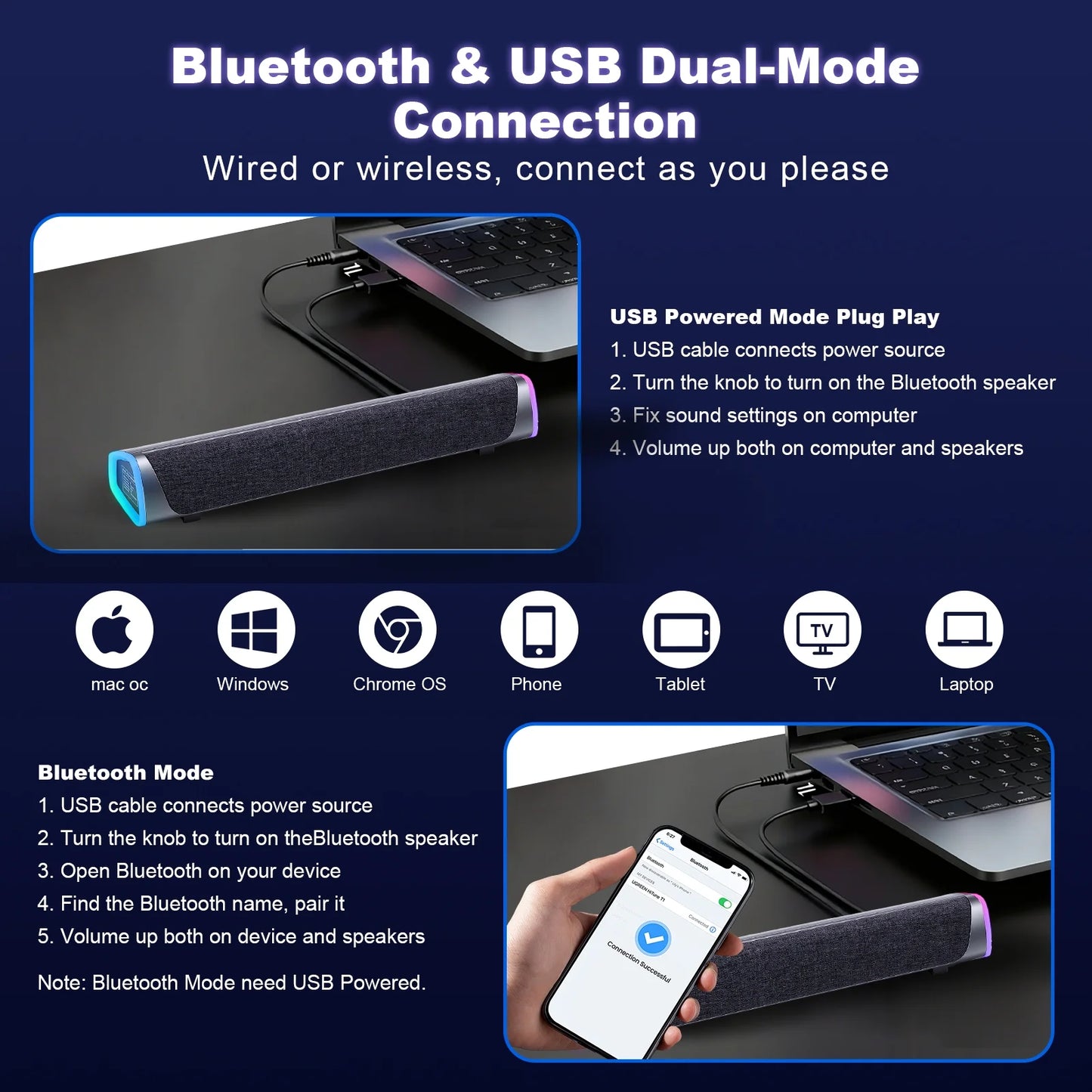 Bluetooth Computer Speakers for Desktop, Stereo Sound Soundbar for Desktop Laptop Monitor, Plug & Play PC Speakers with Dynamic LED Light & Volume Knob, USB Powered w/ 3.5mm Cable HiFi Gaming Speaker