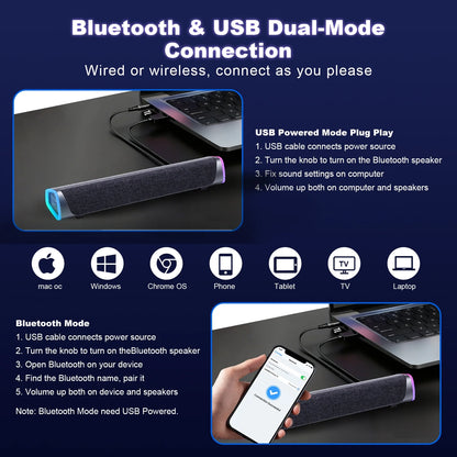 Bluetooth Computer Speakers for Desktop, Stereo Sound Soundbar for Desktop Laptop Monitor, Plug & Play PC Speakers with Dynamic LED Light & Volume Knob, USB Powered w/ 3.5mm Cable HiFi Gaming Speaker