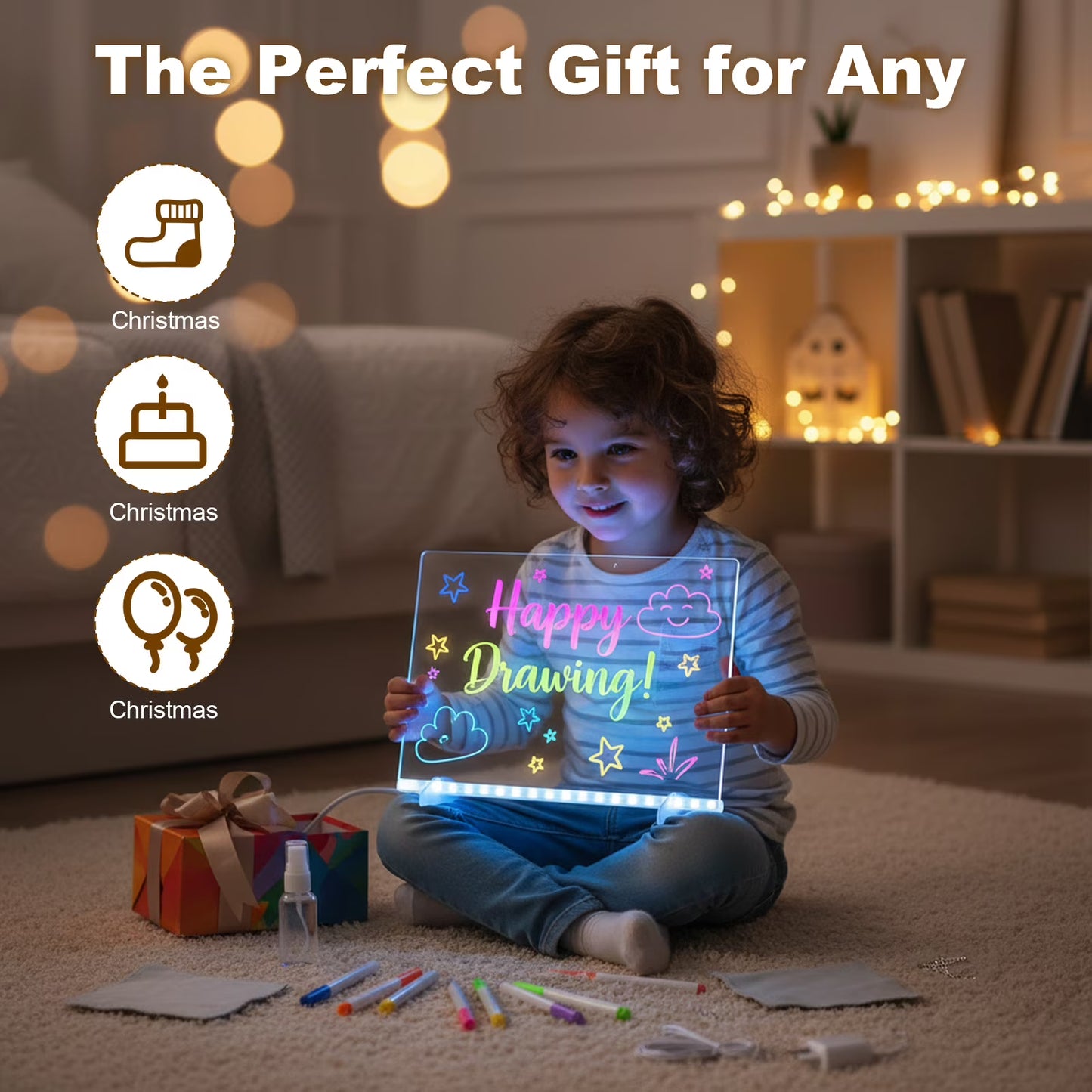 LED Drawing Board with 7 Color Light Modes, 11.8"x7.9" Neon Art Dry Erase Light Up Drawing Pad with Built-in Stand, 7 Markers, Soft Cloth, Hanging Chain, Sketching Gift for Holiday Birthday Christmas