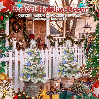 2 Pack 30 inch Prelit Outdoor Pathway Christmas Tree with LED Lights, Battery Operated Snow Flocked Christmas Tree with Pine Needles Cones Balls & Berries, Frosted Urn Filler for Porch Yard Decor